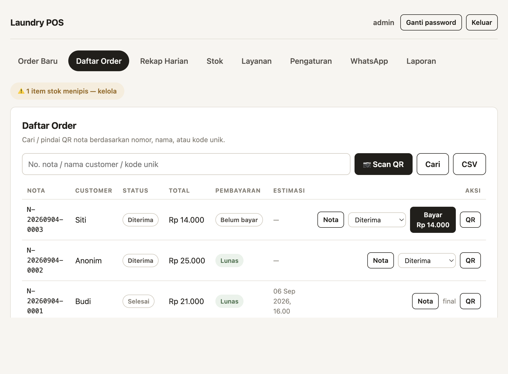 Daftar order dengan status & pencarian QR