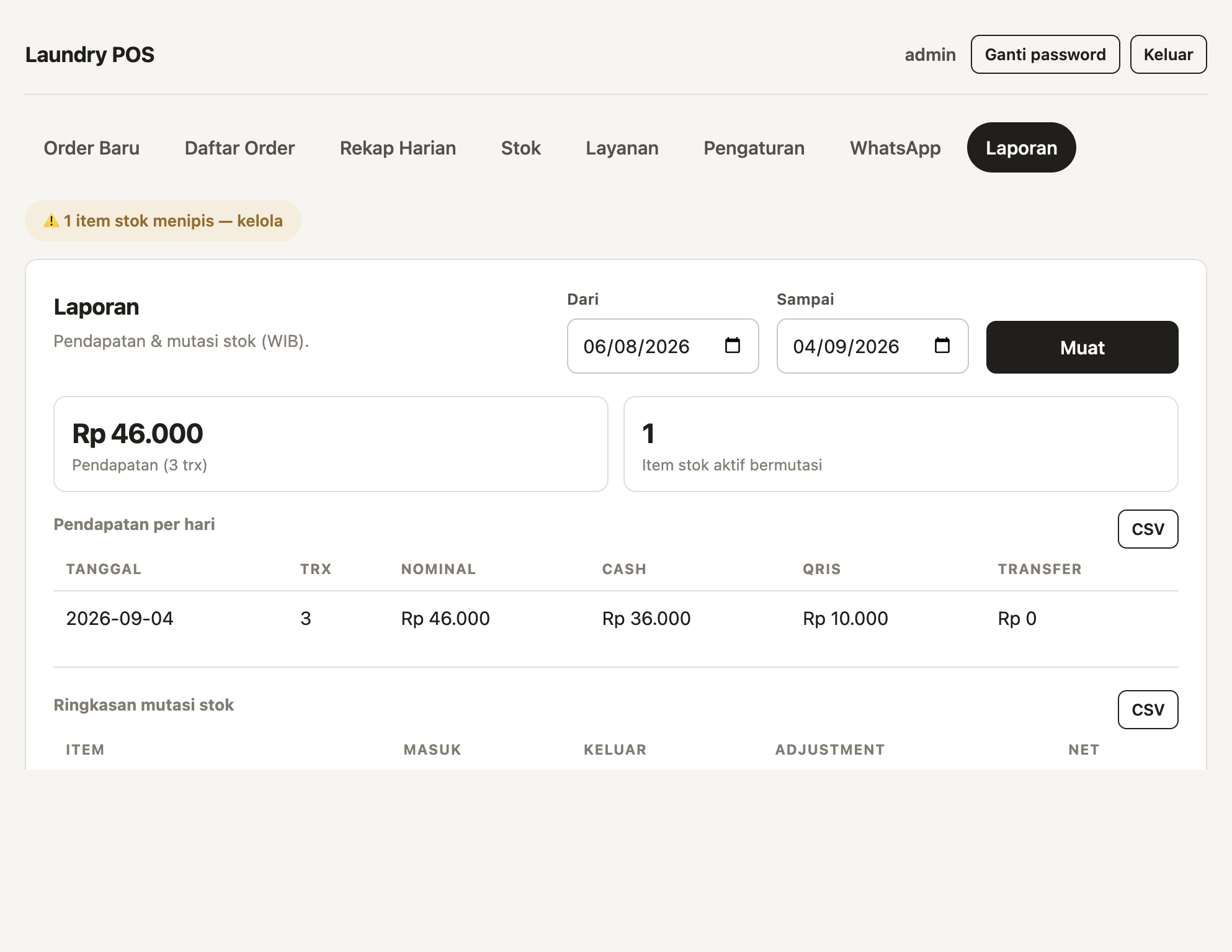 Laporan pendapatan dan mutasi stok